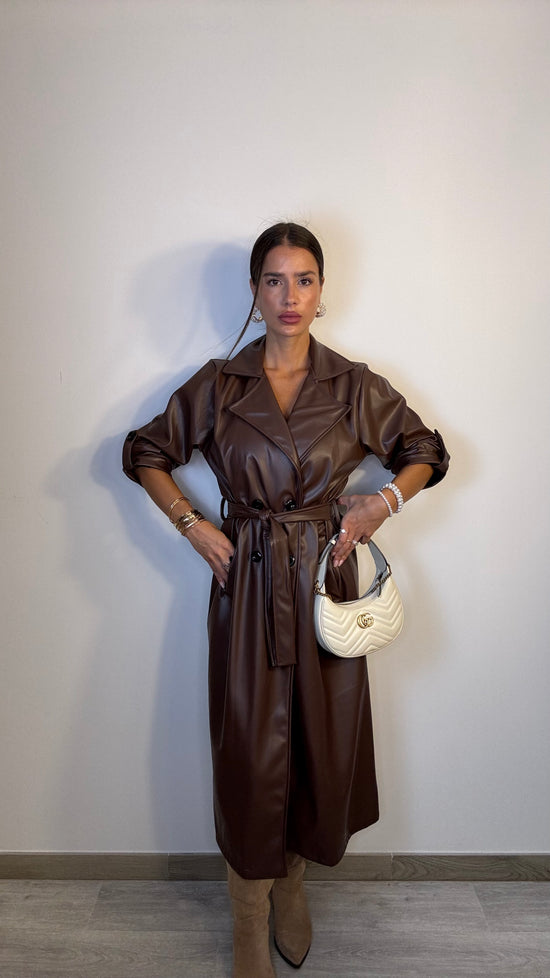 Trench lungo ecopelle marrone